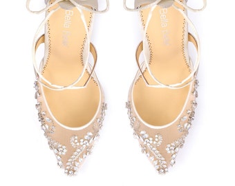 Opal crystal embellished and beaded wedding shoes heels with ankle straps Bella Belle Florence