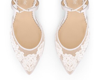 Classic Alencon lace comfortable low heels wedding shoes, criss cross ankle straps by Bella Belle Amelia