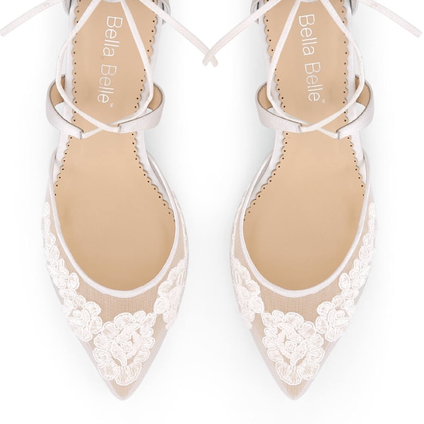 Classic Alencon lace comfortable low heels wedding shoes, criss cross ankle straps by Bella Belle Amelia