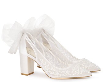 Slingback Block Heel Wedding Shoes with Tulle Bow