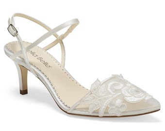 Ivory Flower Embroidered Lace Wedding Kitten Heel | Bella Belle Serena