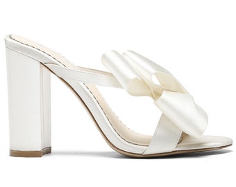 Ivory Tall Block Heel Mules With Bow