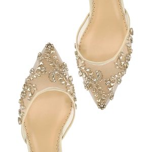 Comfortable Champagne and Gold Low Heel crystal embellished and beaded wedding shoes with ankle straps Bella Belle Frances image 1