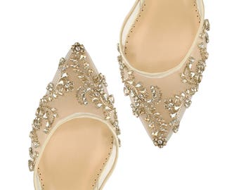 Comfortable Champagne and Gold Low Heel crystal embellished and beaded wedding shoes with ankle straps Bella Belle Frances