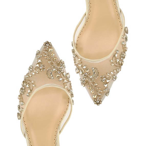 Comfortable Champagne and Gold Low Heel Crystal Embellished and Beaded  Wedding Shoes With Ankle Straps Bella Belle Frances 
