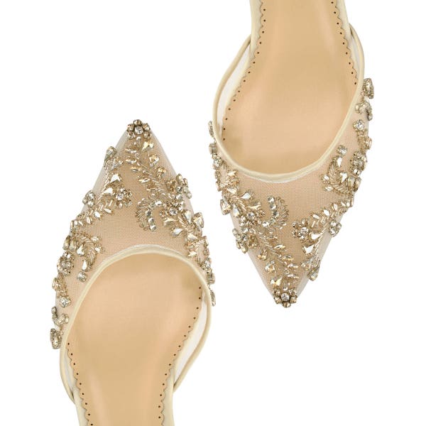 Comfortable Champagne and Gold Low Heel crystal embellished and beaded wedding shoes with ankle straps Bella Belle Frances