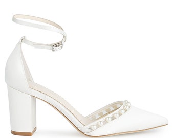 Double Ankle Strap Ivory Pearl Block Heels