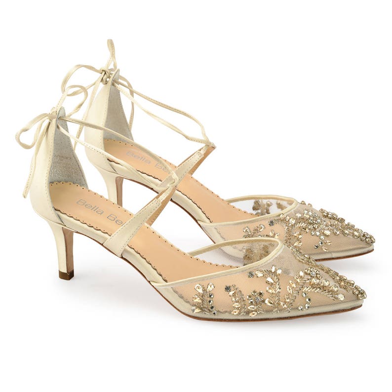 Comfortable Champagne and Gold Low Heel crystal embellished and beaded wedding shoes with ankle straps Bella Belle Frances image 3