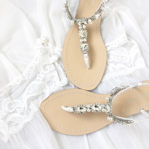 Pearl Wedding Sandals Shoes with Something Blue Sole and Oval Jewel Crystals for Beach or Destination Bella Belle Shoes Hera image 2