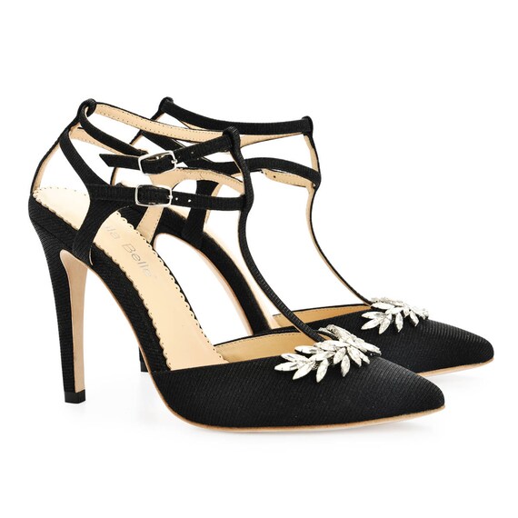 Black Glitter T-strap Heels With Crystal Trim. Jeweled Black - Etsy Denmark
