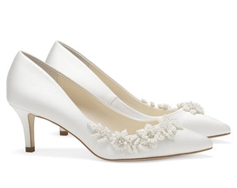 Bella Belle Iris Ivory 3D Floral Pearls And Beads Kitten Heels