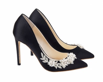 3D Floral Luminous Pearls And Beads Black Evening Heels. Jasmine Black Evening Shoes Pump