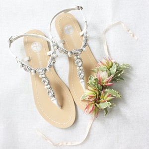 Pearl Wedding Sandals Shoes with Something Blue Sole and Oval Jewel Crystals for Beach or Destination Bella Belle Shoes Hera image 1