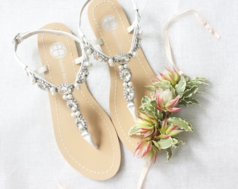 Pearl Wedding Sandals Shoes with Something Blue Sole and Oval Jewel Crystals for Beach or Destination Bella Belle Shoes Hera