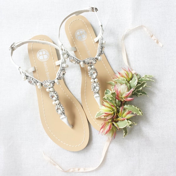 Pearl Wedding Sandals Shoes with Something Blue Sole and Oval Jewel Crystals for Beach or Destination Bella Belle Shoes Hera