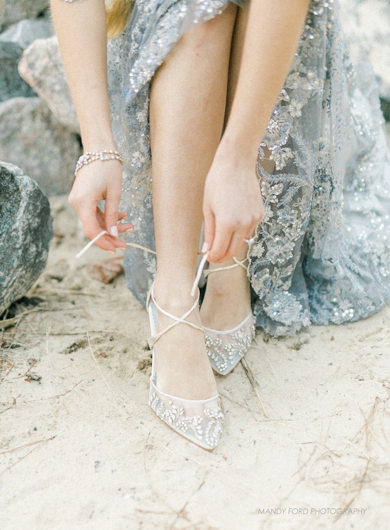 Low Heel Comfortable Crystal Embellished and Beaded Wedding Shoes Heels  With Ankle Straps Bella Belle Frances 