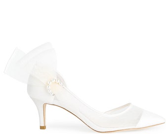 Pearl Accent Ivory Kitten Heel Closed Toe Wedding Shoe