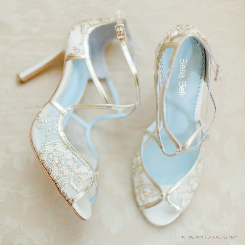 Wedding Shoes Gold Embroidered Lace and Silk Criss Cross Handmade and Romantic Bridal Bella Belle Tess image 4