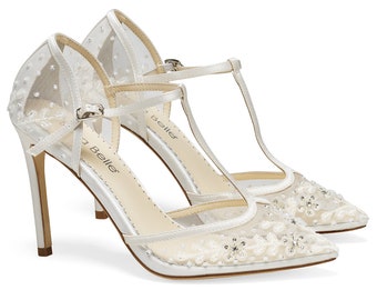 Ivory Floral Beaded T-Strap Wedding Heel | Bella Belle Charlotte