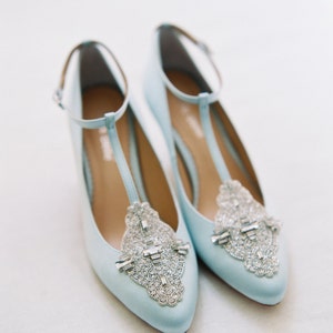 Art Deco Something Blue Wedding Shoes Great Gatsby Crystal Applique T-Strap Kitten Heel Silk Satin Bridal Shoes Bella Belle Annalise Blue image 3