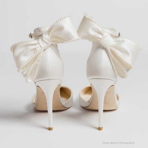 Ivory Ankle Strap Pearl Bow Heels image 5