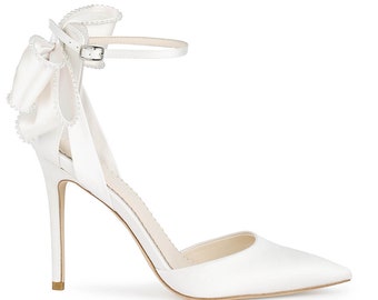 Ivory Ankle Strap Pearl Bow Heels