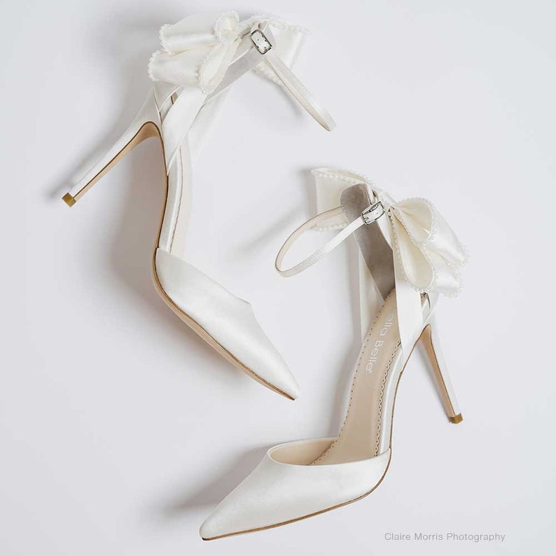 Ivory Ankle Strap Pearl Bow Heels image 6