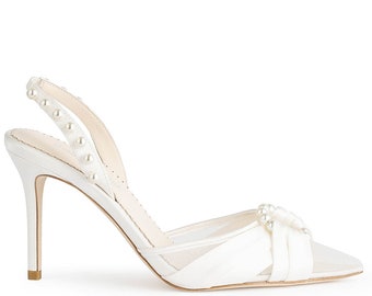 Slingback Ivory Pearl Wedding Shoes with Pearl Ring Broach