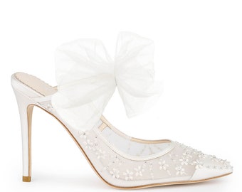 Embroidered Ivory Mules with Tulle Bows