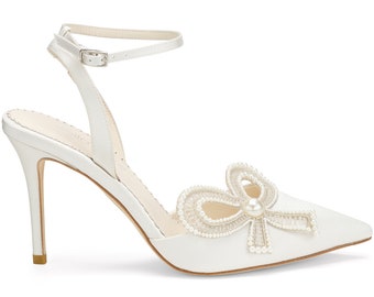 Ivory Beaded Pearl Bow Shoes, Bridal Ankle Strap Heels with Bow