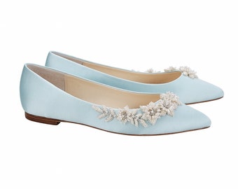 3D Floral Luminous Pearls And Beads Blue Wedding Flats. Daisy Blue Wedding Shoes