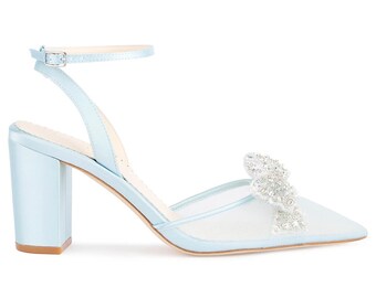 Crystal Bow Blue Block Heel Wedding Shoes