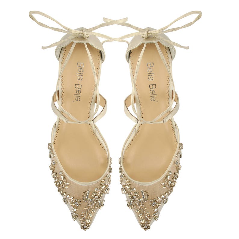 Comfortable Champagne and Gold Low Heel crystal embellished and beaded wedding shoes with ankle straps Bella Belle Frances image 7