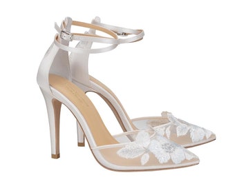 Ivory Wedding Heel With 'Something Blue' Floral Embroidery By Claire Pettibone. Freya Lace Ivory Wedding Shoes