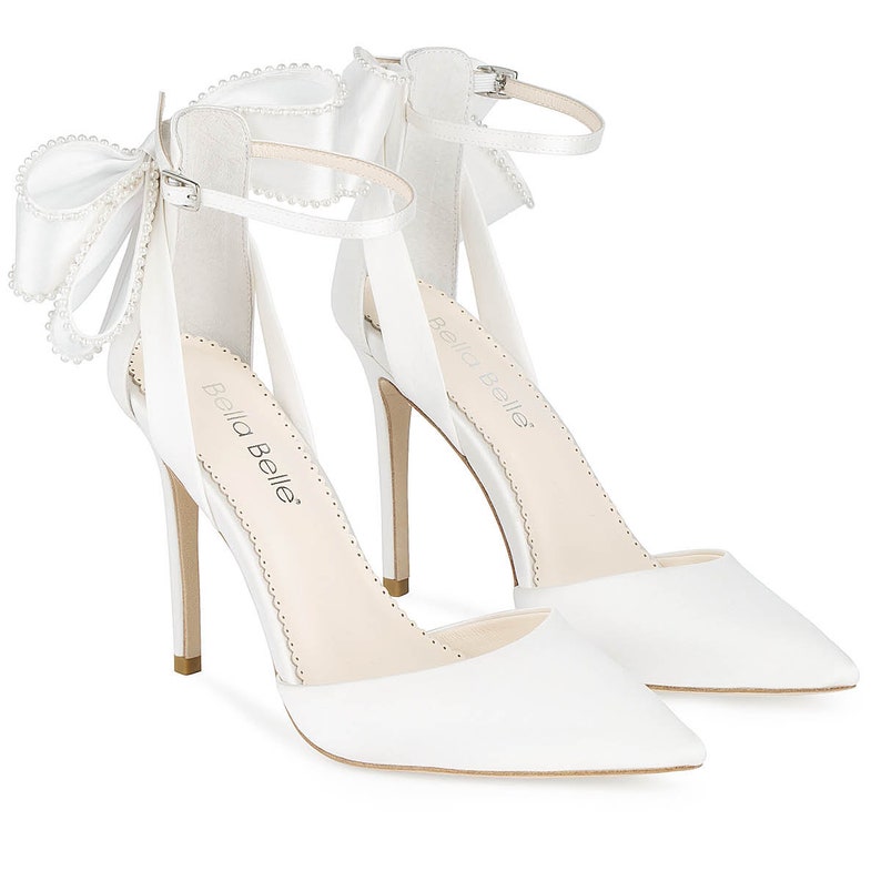 Ivory Ankle Strap Pearl Bow Heels image 3