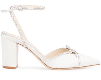 Ivory Strappy Block Heels with Crystal Bows and Ankle Straps