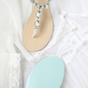 Pearl Wedding Sandals Shoes with Something Blue Sole and Oval Jewel Crystals for Beach or Destination Bella Belle Shoes Hera image 3