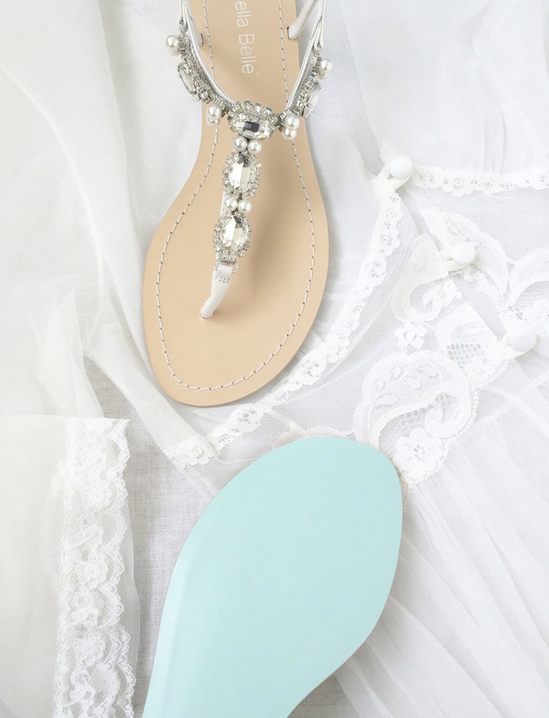 Pearl Wedding Sandals Shoes with Something Blue Sole and Oval Jewel Crystals for Beach or Destination Bella Belle Shoes Hera image 3