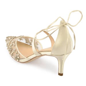 Comfortable Champagne and Gold Low Heel crystal embellished and beaded wedding shoes with ankle straps Bella Belle Frances image 5