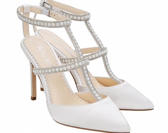 Silver Crystals And Ivory Luminous Pearl T-Strap Wedding Heel. Carolina Ivory Wedding Shoes
