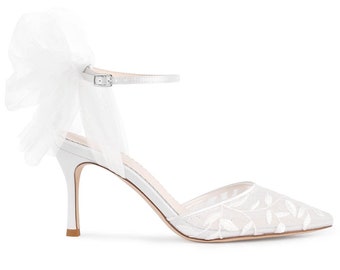 Ankle Strap Ivory Lace Wedding Shoes with Tulle Bow