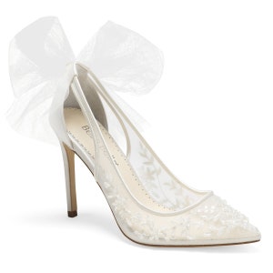 Floral Beaded Lace Wedding Heel with Tulle Bow | Bella Belle Edna
