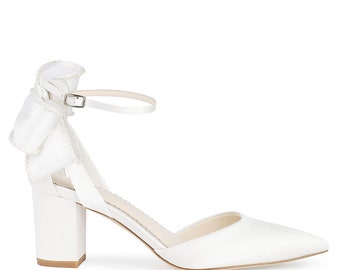 Pearl Block Heels with Ankle Strap Bow