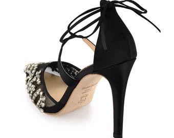 Black Opal Crystal Embellished and Beaded Evening Shoes Heels with Ankle Straps Bella Belle Florence