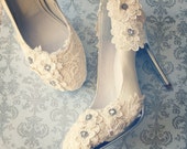 SALE!  Ivory Vintage Lace Wedding Shoes with Crochet Flower Applique Satin Bridal Pumps Silver