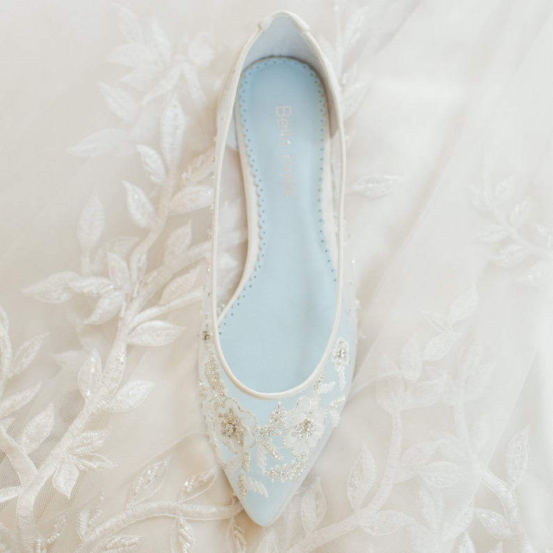 Beautiful Wedding Flats with Mesh and Flower Embroidery Beads Bridal Shoes Glass Slipper with 'Something Blue' Bella Belle Shoes Adora image 5