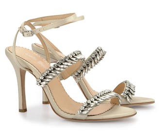 Champagne Jeweled Strappy Heels With Ankle Strap - Crystal embellished Sandals Bella Belle Belinda