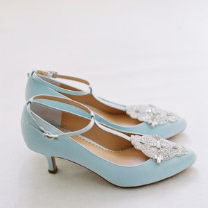 Art Deco Something Blue Wedding Shoes Great Gatsby Crystal Applique T-Strap Kitten Heel Silk Satin Bridal Shoes Bella Belle Annalise Blue image 4