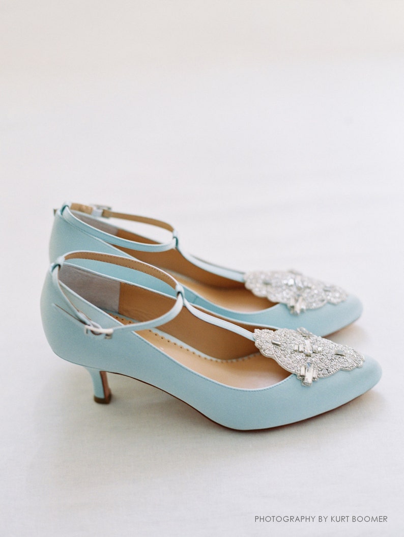 Art Deco Something Blue Wedding Shoes Great Gatsby Crystal Applique T-Strap Kitten Heel Silk Satin Bridal Shoes Bella Belle Annalise Blue image 4