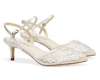 Ivory Lace and Pearl Wedding Kitten Heel | Bella Belle Mina